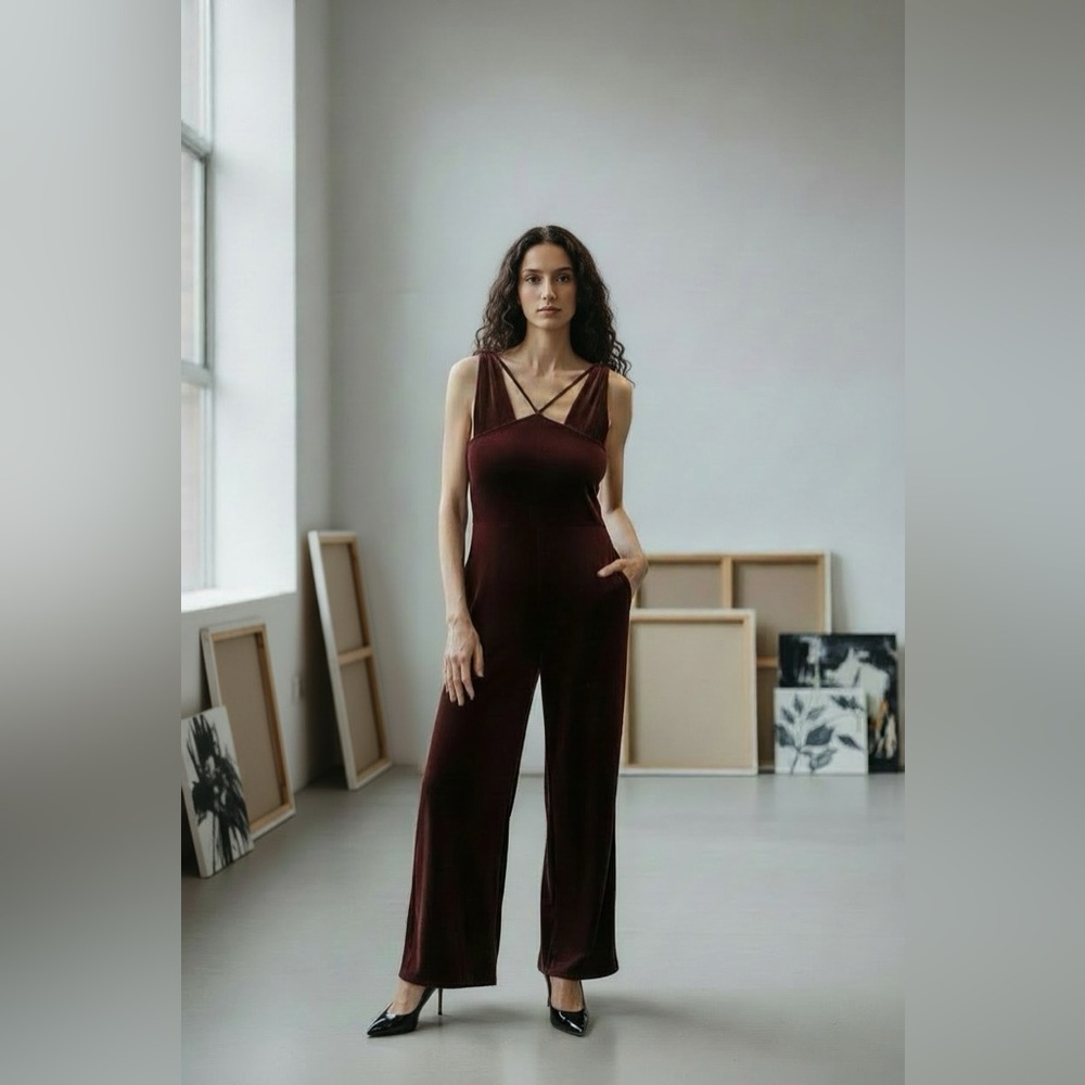 Elegant burgundy velvet jumpsuit